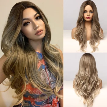 ALAN EATON Long Water Wave Women Wigs Middle Part Ombre Black Brown Blonde Ash Highlight Synthetic Hair Wig Heat Resistant Fibre 1