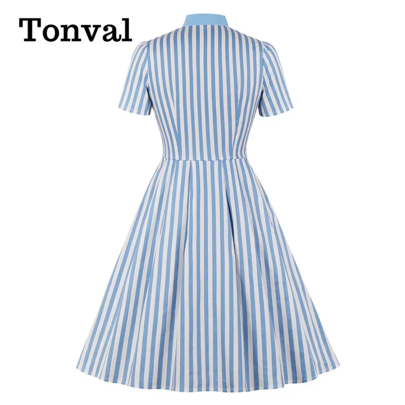 women's blue and white striped dress