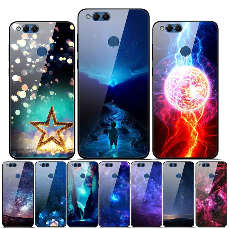 

For Huawei Honor 7X Case 5.93" Star Pattern Tempered Back Glass Case For Huawei Honor 7X Cover Honor7X Silicon Bumper 8X 9X Capa