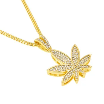 

Hip Hop Jewelry Men's Hemp Leaf Pendant Iced Out Chain Paved Full Shining Bling Crystal Gold Color Cuban Chain