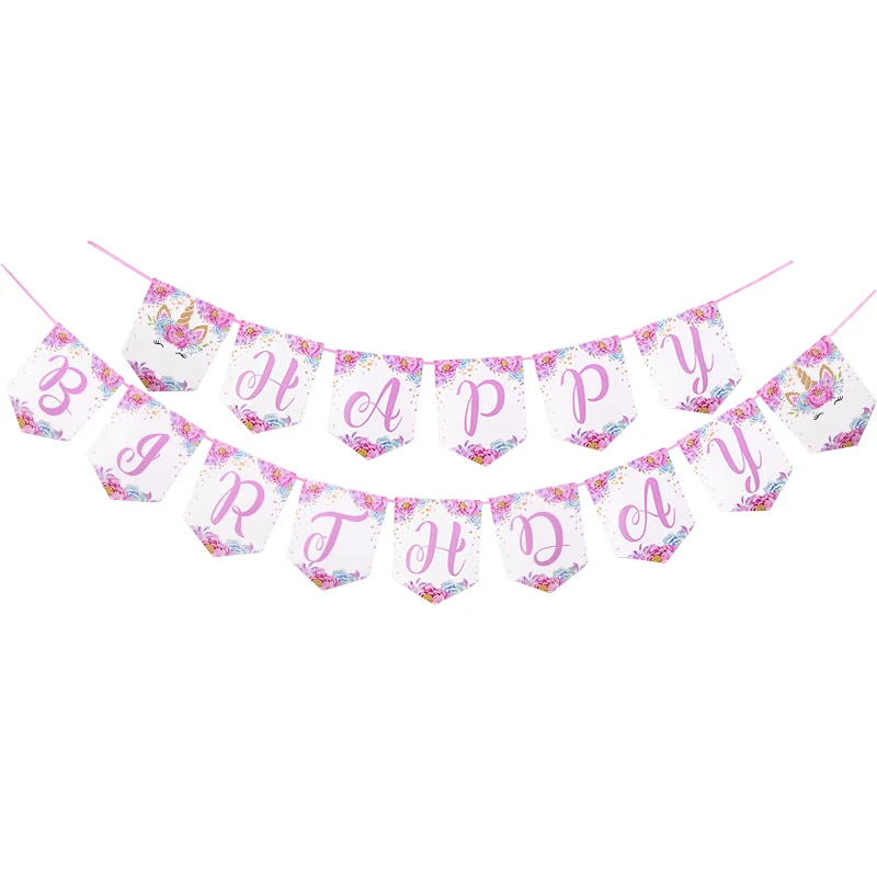 Happybirthday banner Единорог вечерние комплект поставки одноразовые набор столовых приборов для детей День рождения розового и золотого цвета в форме единорога Бумага салфетка чашка плиты домашних животных - Цвет: Happybirthday banner