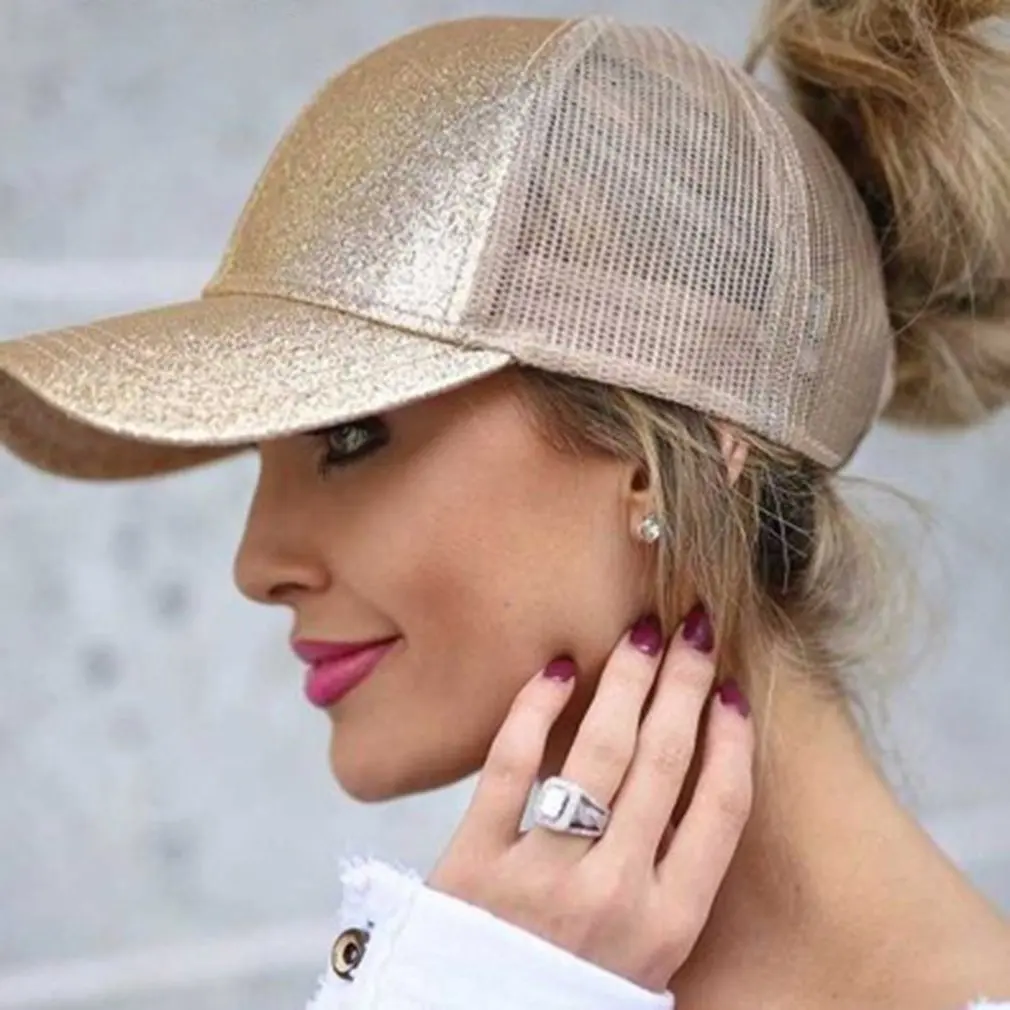 

Adjustable Hip Hop Hats Glitter Ponytail Baseball Cap Women Snapback Dad Hat Mesh Trucker Caps Messy Bun Summer Hat Female