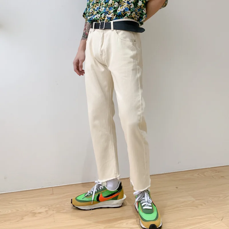 Мужские повседневные прямые джинсовые брюки до щиколотки с разрывным подолом