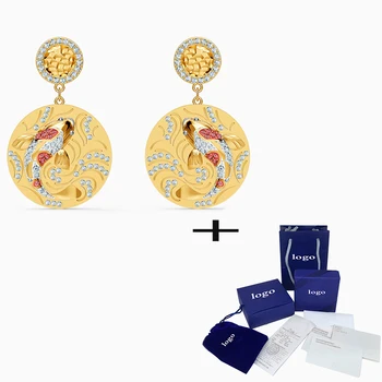 

SWA 2020 New Classic Fashion Red SHINE FISH Pierced coin shape Earrings for Wife Mother's Birthday Memorial Romance Best Gift