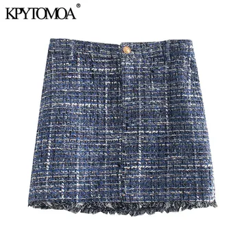 

KPYTOMOA Women 2020 Chic Fashion Frayed Hem Tweed Mini Skirt Vintage High Waist Zipper Fly Female Skirts Casual Faldas Mujer