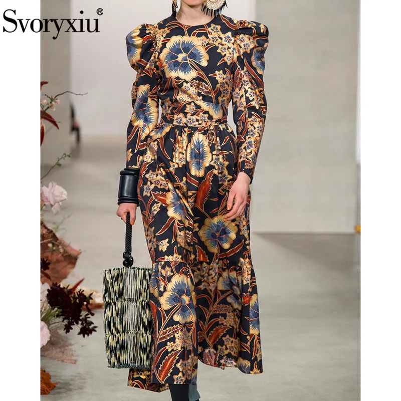

Svoryxiu Vintage Flower Printed Autumn Winter Party Dresses Elegant O-Neck Puff Sleeve Runway Midi Dress Vestdios 2019 New