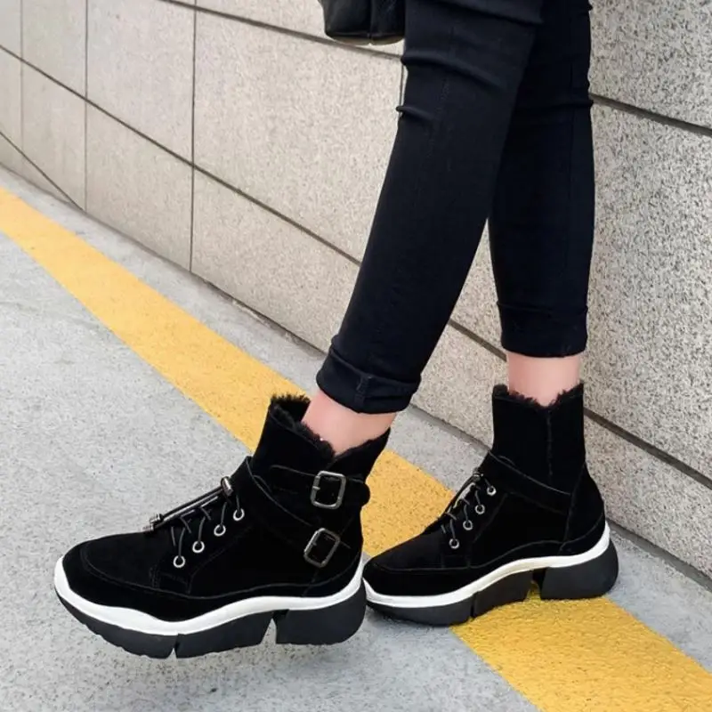 Taoffen Women Buckle Genuine Leather Snow Boots Round Toe New Arrival Warm Ankle Boots Daily Fashion Shoes Women Size 35-39