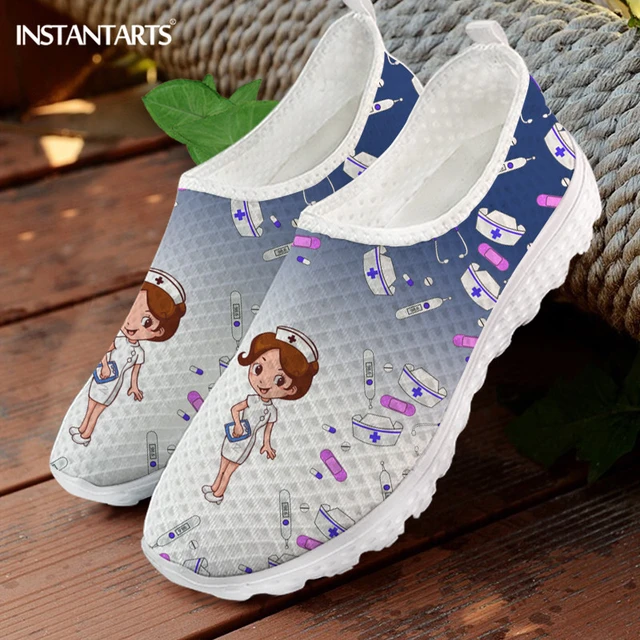 INSTANTARTS-zapatos planos de enfermería para mujer, sin cordones de malla, con estampado de enfermera de dibujos animados, color azul oscuro - AliExpress