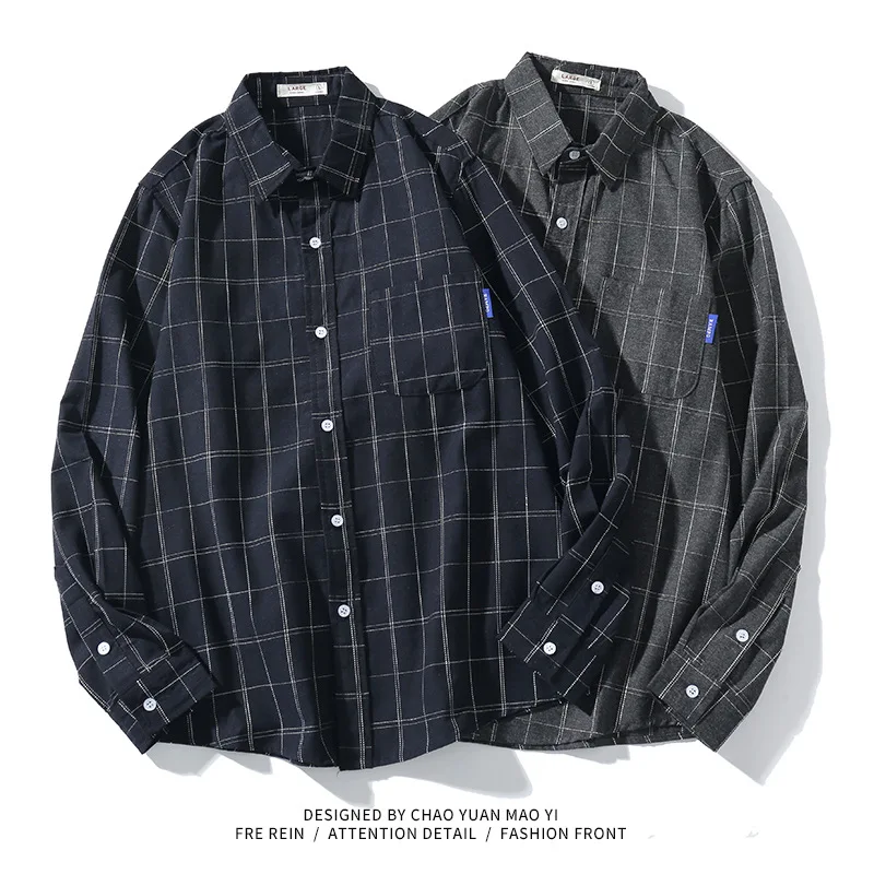 Camisa de manga larga a cuadros para hombre, camisa holgada informal de alta calidad, para primavera y otoño