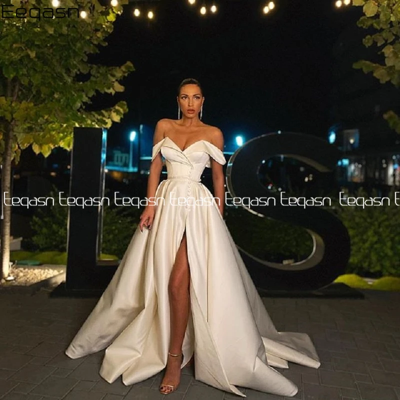 US $63.75 Eeqasn ALine Prom Dress 2021 Spring Satin Off The Shoulder V Neck High Slit Long Evening Gown Formal Elegant Vestidos De Gala