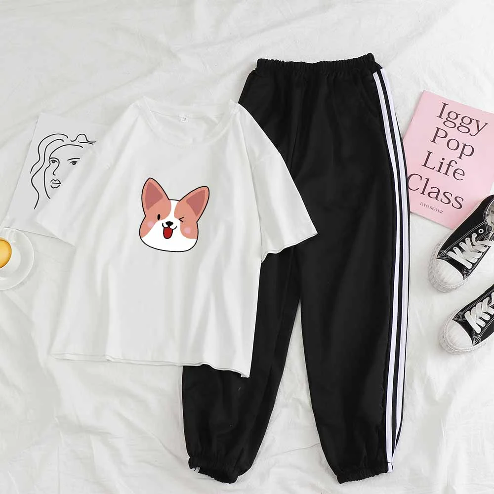 plus size suit sets Cartoon 2 Piece Set Kawaii Dog Print Two Piece Outfits Streetwear Style Casual Pants Women Loose and Short Sleeve Sweatshirt blazer pants set