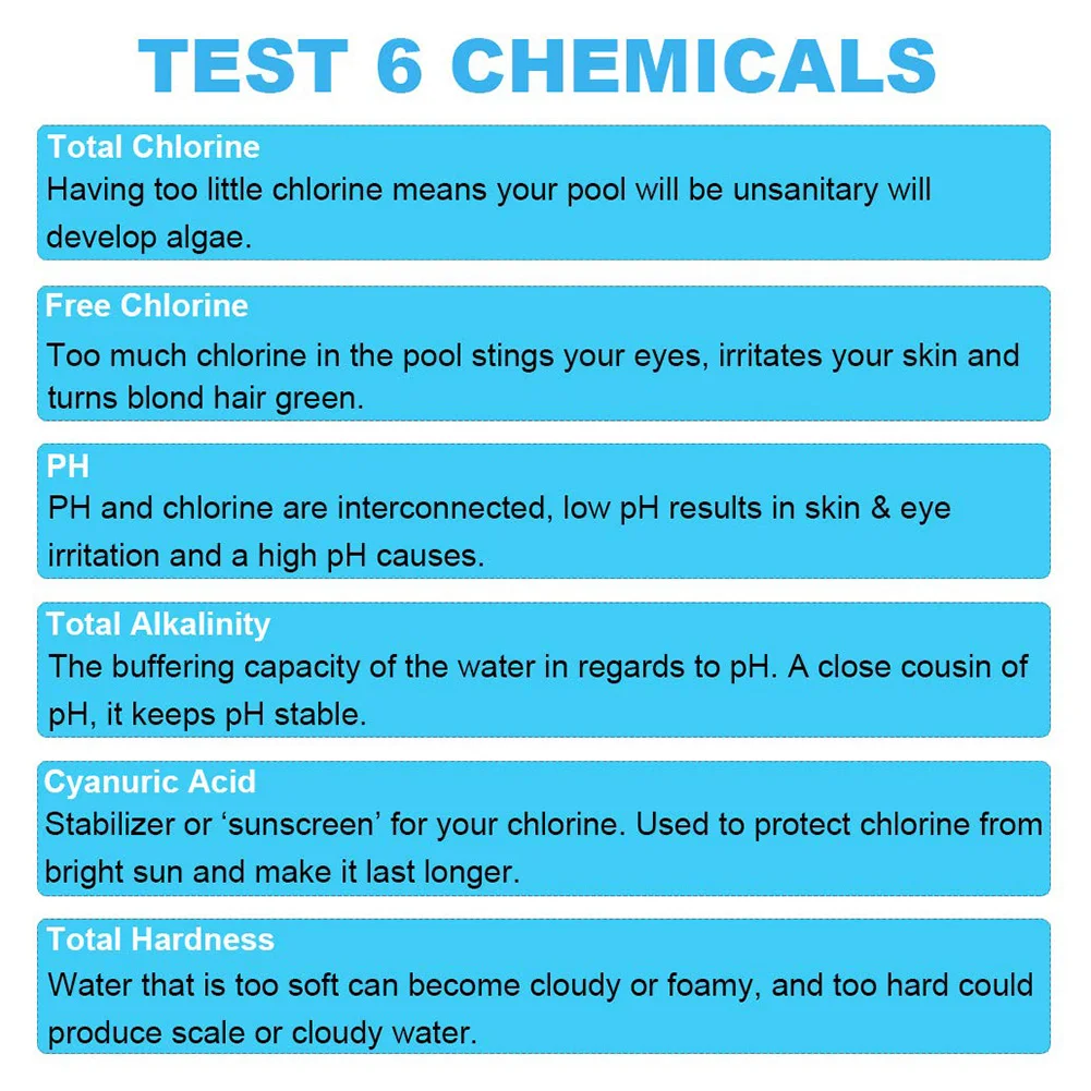 6-в-1 бассейн Тесты Бумага остаточного хлора рН щелочности твердость Тесты полосы флаконе 50