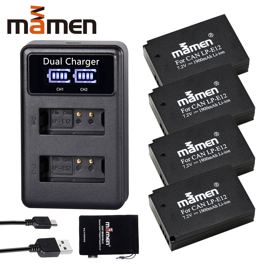 

Rechargeable 4pcs 1900mAh LP-E12 LPE12 LP E12 Digital Camera Battery + LCD USB Charger for Canon 100D Kiss X7 SL1 M10 M50 DSLR