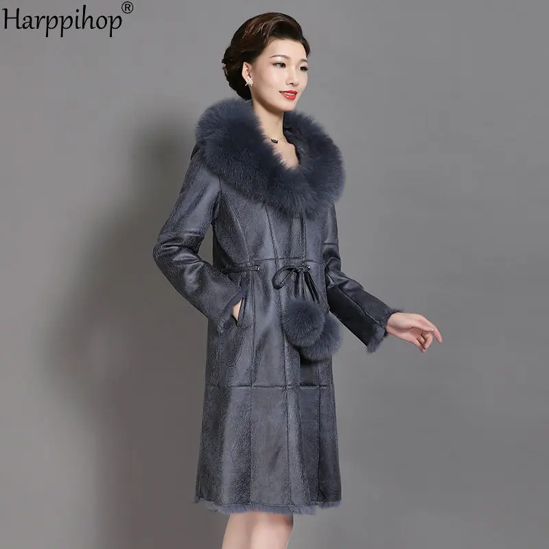 Лисьего меха с воротником из искусственного меха, кожаные сапоги из меха кролика с мехом; большие размеры Тонкий Модное теплое платье с длинными рукавами женская куртка