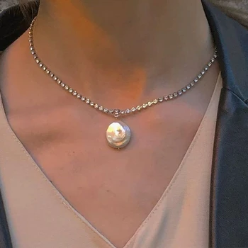 

Peri'sBox Flat Natural Freshwater Pearl Necklaces Rhinestone Tennis Chain Necklaces for Women Minimalist Necklace Trendy Jewelry