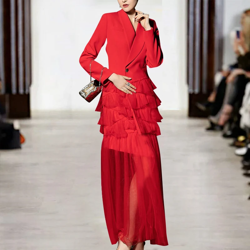 HAMALIEL Подиум осень зима вечерние длинные платья дизайнерские черные сетчатые Лоскутные Платья с оборками винтажные женские платья с v-образным вырезом - Цвет: Красный