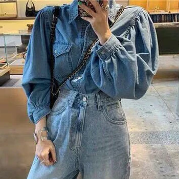 

Women Fashion New Blue Jeans Shirts 2020 Ladies Casual Denim Puff Long Sleeve Shirt Loose Slim Fit Jeans Coat Tops