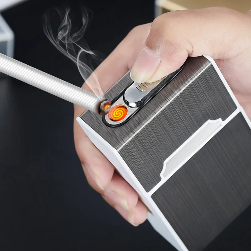 Портативный Перезаряжаемый USB чехол для сигарет с зажигалкой, электрические металлические зарядные зажигалки, 20 шт., держатель для сигарет, коробка для сигарет