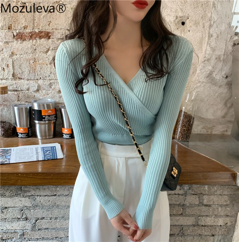 

Mozuleva 2019 Autumn Winter Simple All-match V-neck Cross Women Pullovers Slim Female Knitted Sweater Tops Full Sleeve Jumpers
