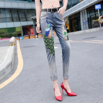 

Women's Thin Denim Embroidered Sequins Denim Pants Women's Sequin Slim Fit Casual Jeans Lady Elastic Jean Female Pencil Pants