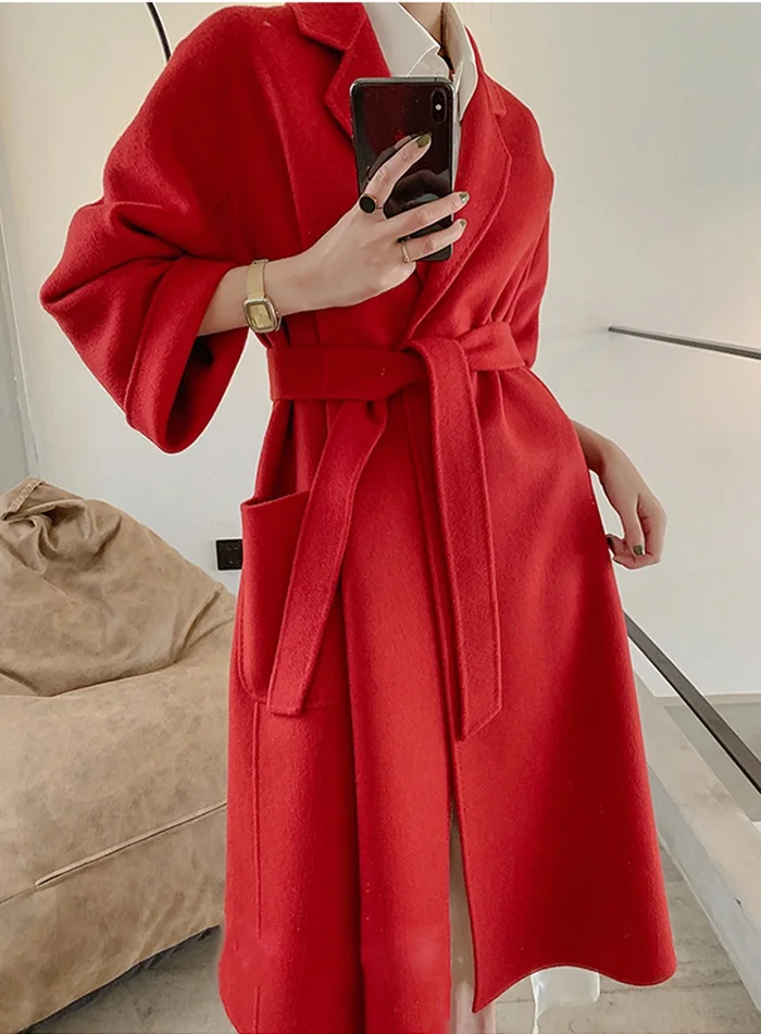 Зима Осень женское модное роскошное кашемировое шерстяное длинное пальто с волнистой поверхностью - Цвет: Красный