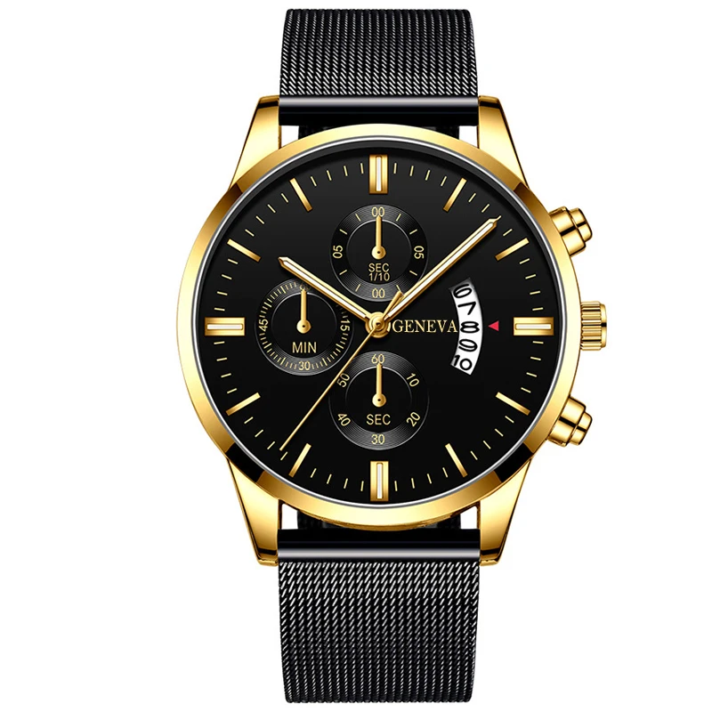 Мужские модные бизнес часы с календарем Роскошные Синие часы из нержавеющей стали с сетчатым ремешком аналоговые кварцевые часы relogio masculino - Цвет: Gold Gold