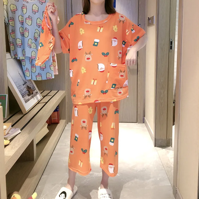 

Cloth Bag Pajamas Female Summer Short Sleeve Trousers Orange Christmas M -Xxl Selfie Original 3 Color