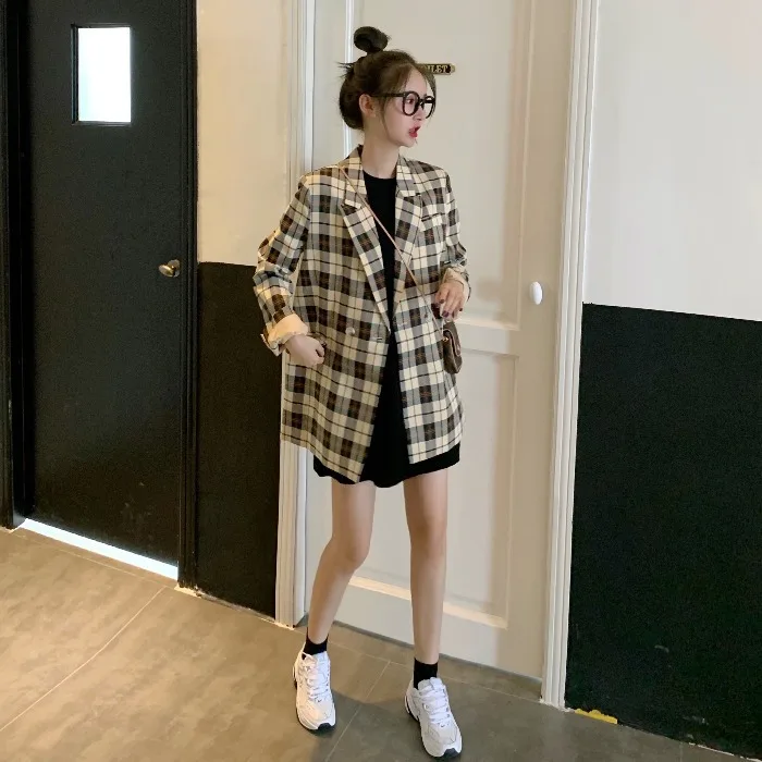 

Autumn British Style Retro Plaid Casual Suit Jacket Women's 2019 New Style Mid-length Western Style Blazer Fashion
