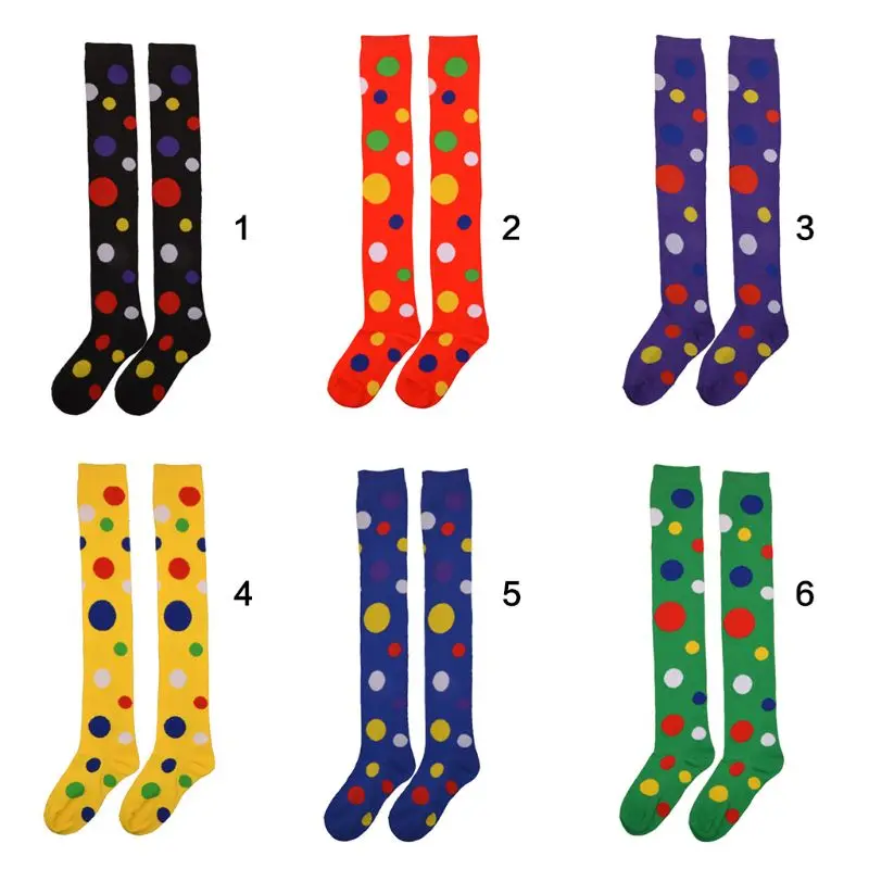 Длинные носки для косплея клоуна для женщин и девочек; забавные Разноцветные Необычные Гольфы выше колена с принтом в горошек; нарядный костюм для вечеринки