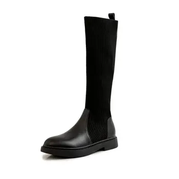 

Genuine leather knitting Socks Boots Women Knee High Boots low Heeled Shoes Woman Autumn Winter Warm Long Boots