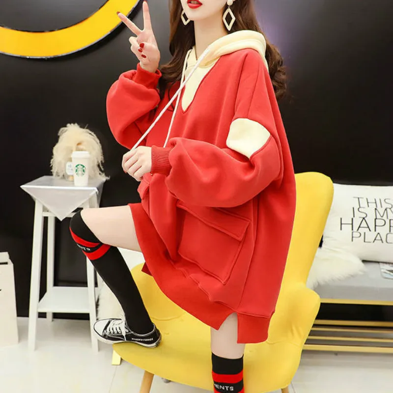 

Women's Mid-length Hooded Sweater Loose Korean Style Autumn and Winter New Jacket Plus Velvet Thick Coat