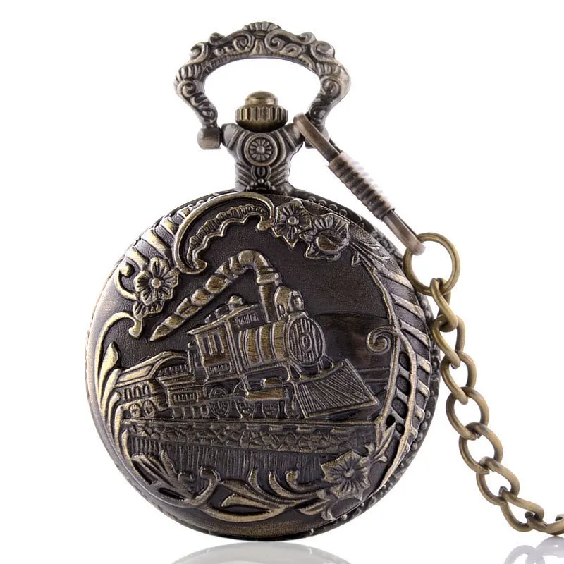 

IBEINA Train Theme Full Hunter Quartz Engraved Fob Retro Pendant Pocket Watch Chain Gift Fire Fighter Theme