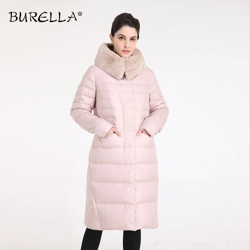 

BURELLA 2019 Women's Winter Natural Rex Rabbit Fur White Duck Down jacket Long sleeves Knee-length Down coat Female VN-129PK