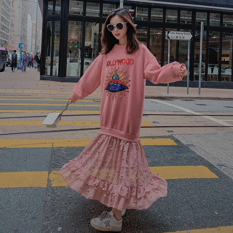 

Photo Shoot 2019 Autumn Dress Women's Korean-style Girly Style Loose-Fit Online Celebrity Pullover Joint Hoodie Fishtail Skirt S