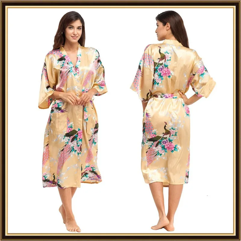Half Sleeve Loose Style Woman Japanese Kimono Satin Silk Sleepwear Pajamas Peacock Spa Yukata Bathing Robe Lady's Long Dress