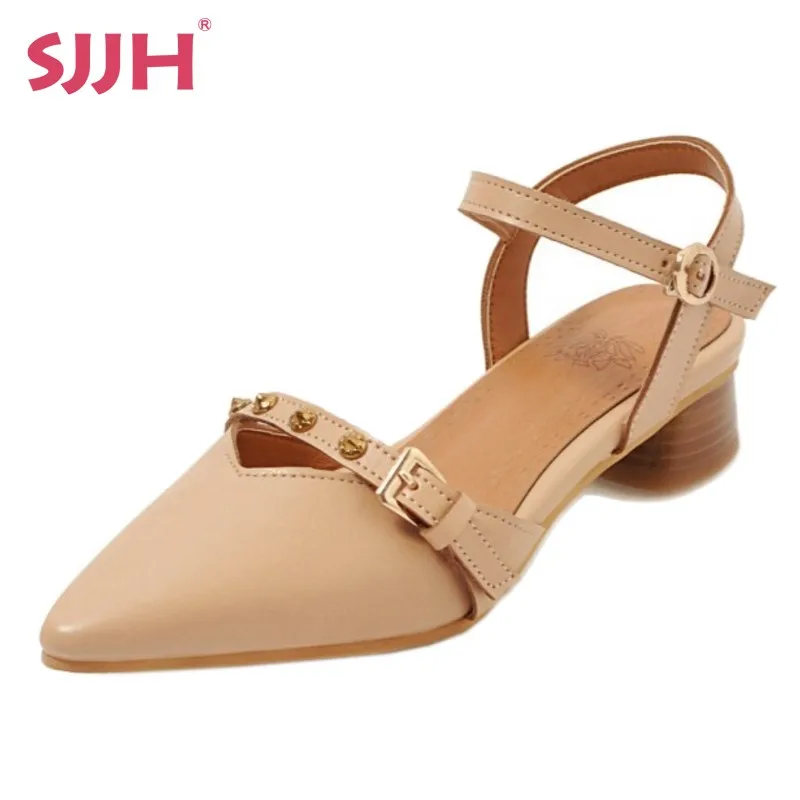 SJJH Women Sandals with Pointed Toe and Low Chunky Heel Fashion Open Back Flats D122