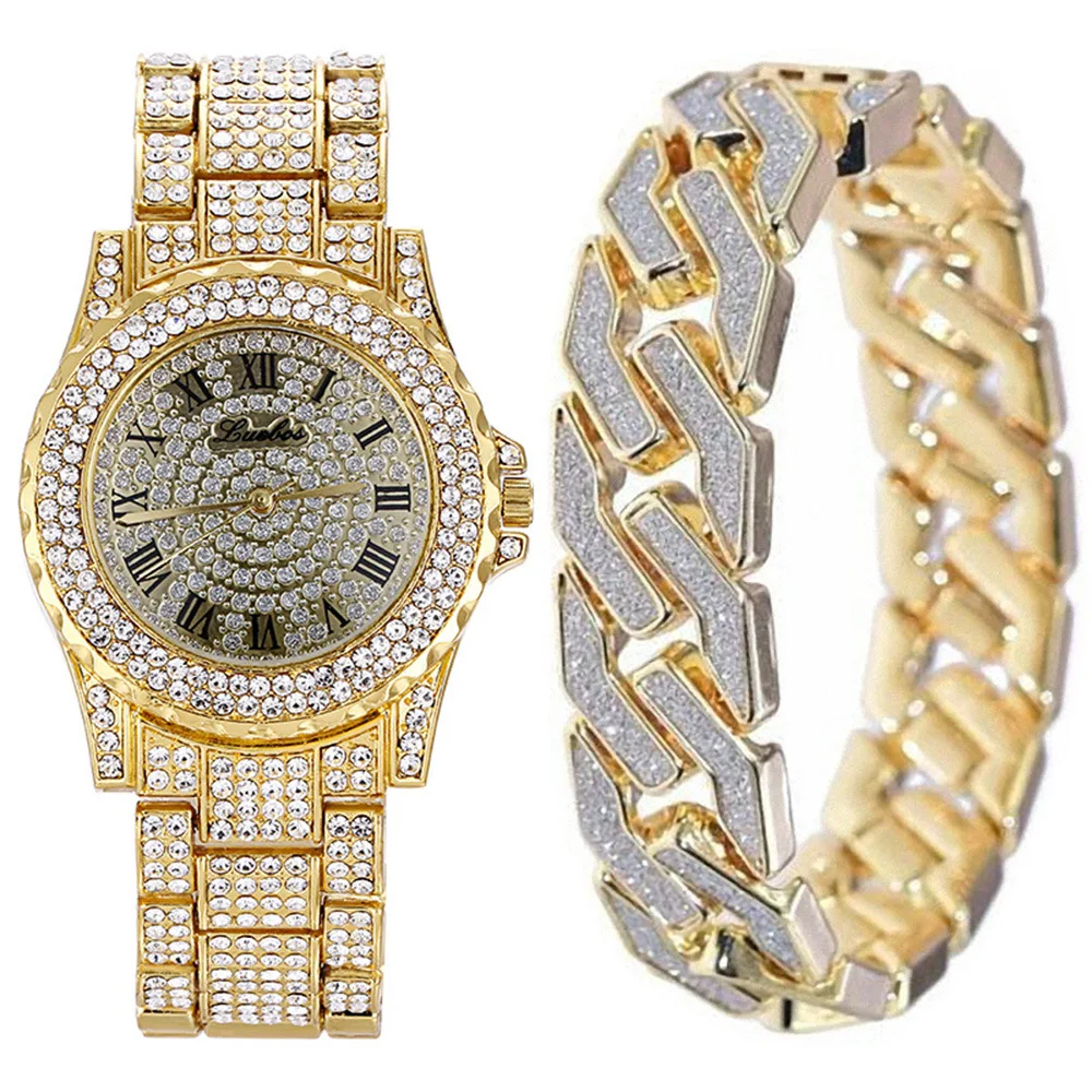 Iced Out Watch + Bracelet for Women Bling Miami Cuban Chain Simple Women Watches Luxury Gold Watch Set Fashion Jewelry Relojes