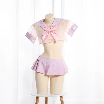 

Japanese Cute Bow Mesh Gauze Perspective Lolita Student Set Sweet School Girl Costume Temptation Kawaii Lingerie Sailor Uniform