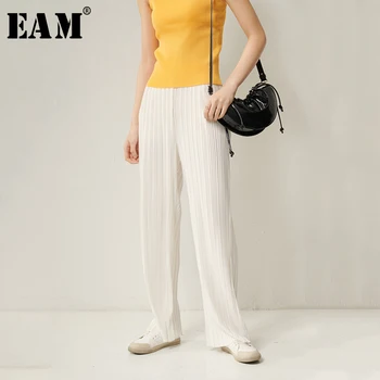 

[EAM] High Elastic Waist White Pleated Long Wide Leg Trousers New Loose Fit Pants Women Fashion Tide Spring Autumn 2020 1S958