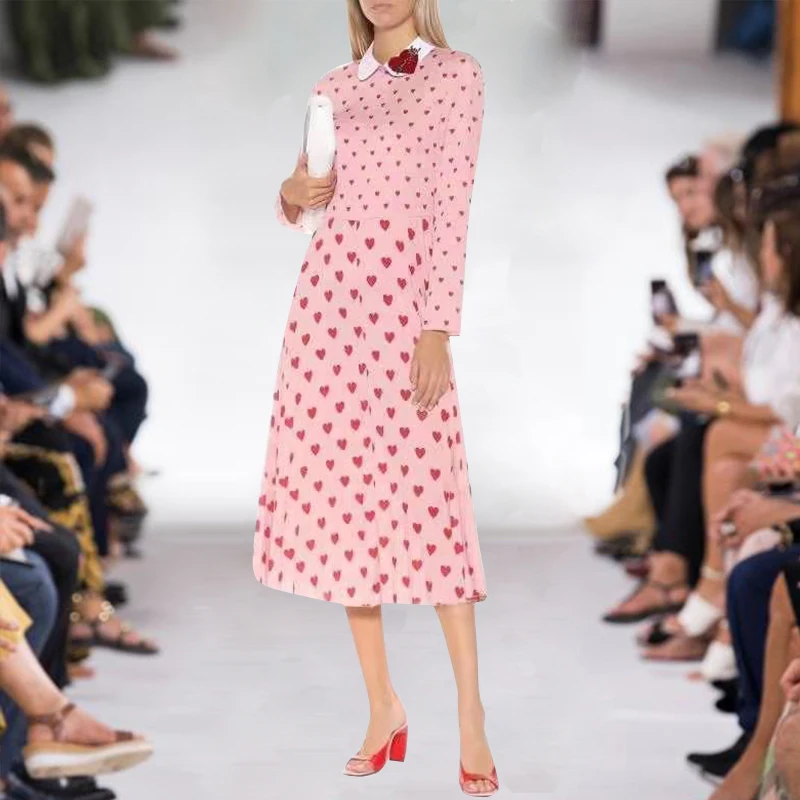 

High Quality Women'S Retro Elegant 2020 Spring And Autumn New Pleated Print Long-Sleeved Peach Heart Shirt Doll Collar Dress