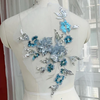 

5 Pieces/lot 3d appliqued lace patches with sequins! Garment fashion embroidered lace appliques flowers of China 2020 NEW