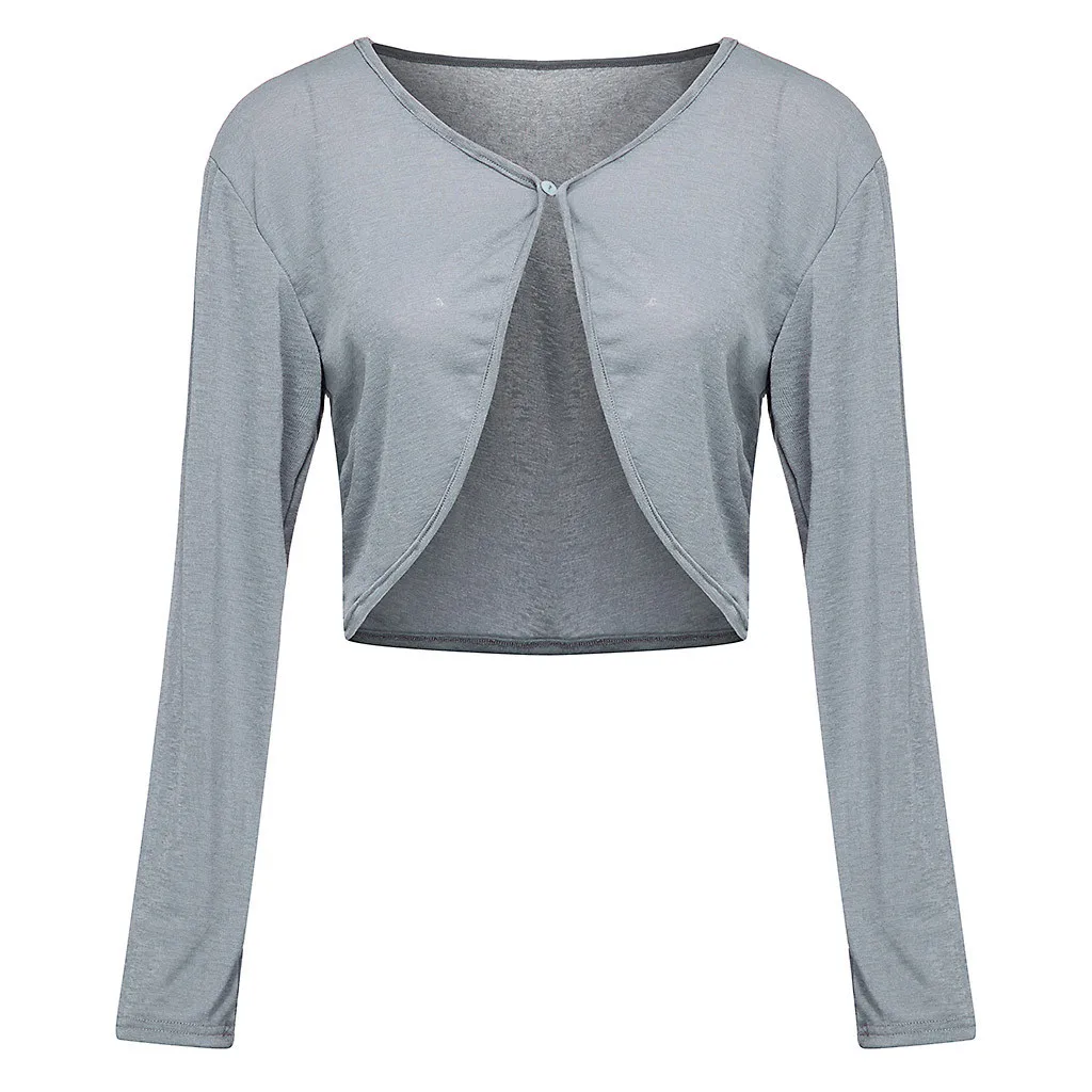 Poleras mujer de moda Харадзюку Модные Женские однотонные открытые передние Обрезанные кардиган с длинными рукавами и пуговицами топы футболки#730 - Цвет: Gray