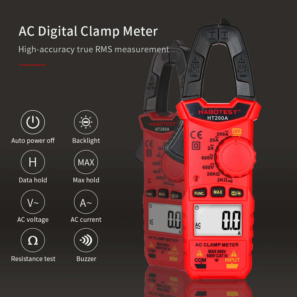 HT200A токовые плоскогубцы измеритель мультиметра переменного тока Amperometric цифровой зажим метр AC DC True RMS Авто Диапазон напряжения метр