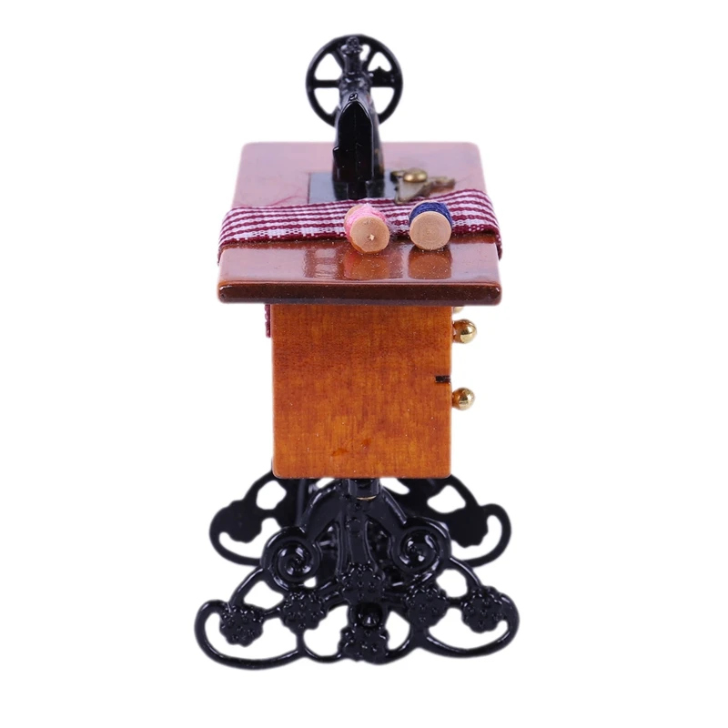 1Pcs Retro Dollhouse Miniature Furniture Sewing Machine with Accessory Wood Metal & 1Pcs Vintage Ty