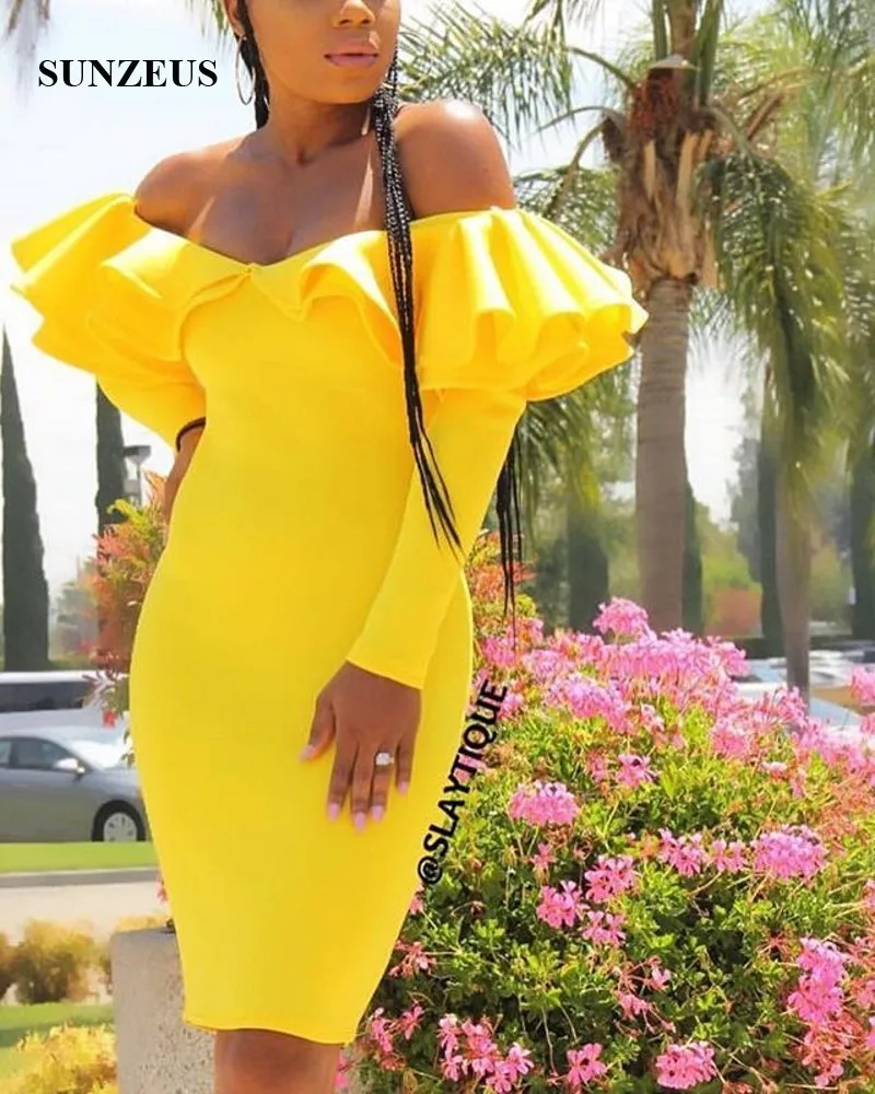 Sheath Off Shoulder Long Sleeves Prom Dress With Ruffles Knee Length Royal Blue Party Gowns Women Formal Dresses Gala Robe