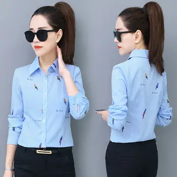

2020 New Summer Turm-down Collar Blouse Long-sleeved Little birdPrint Shirt Workwear Women's Korean White Collar Work Clothes