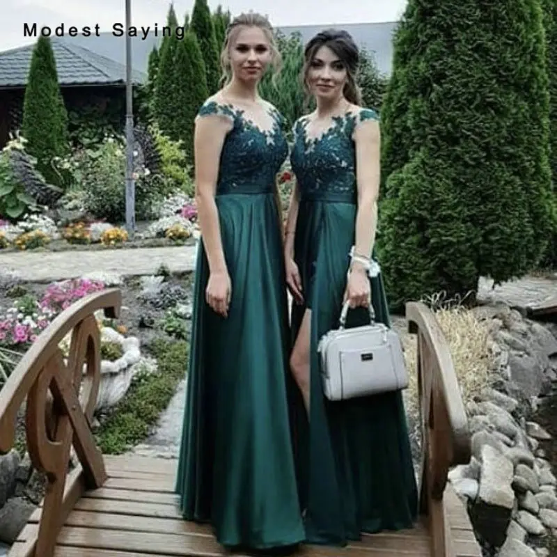

Elegant Dark Green A-Line Bridesmaid Dresses 2019 with Split Formal Women Long Maid of Honor Dresses Lace Top Party Prom Gowns