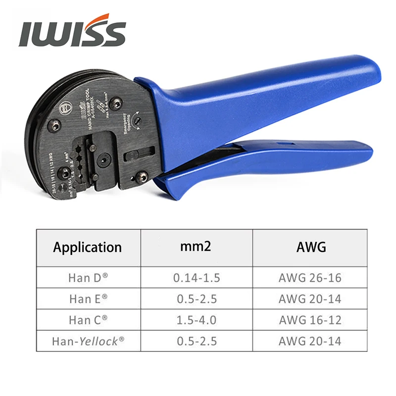 IWISS IWS-0540HX Hand Crimping Tools for 0.14mm2-4.0mm2 (AWG26-12) Harting Han D/E/C Connectors with Locator