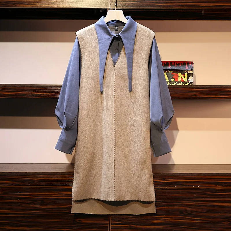 

Large Size Plus-sized Womenswear Mm2019 Spring Clothing New Style Loose-Fit Slimming Set Lantern Sleeve Shirt Waistcoat Mid-leng