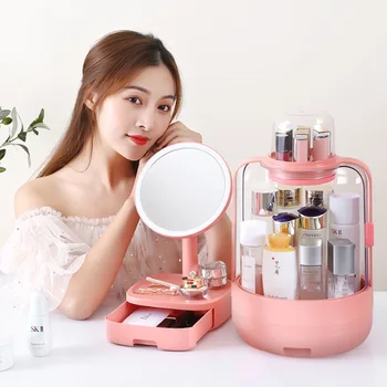 

LED Cosmetic Mirror With Light Cosmetic Storage Box Desktop Dust-Proof Skin Care Products Cosmetic Storage Box
